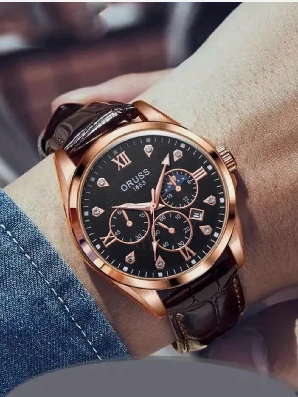 Russ Men’s Rose Gold Watch with Black Dial and Brown Leather Strap